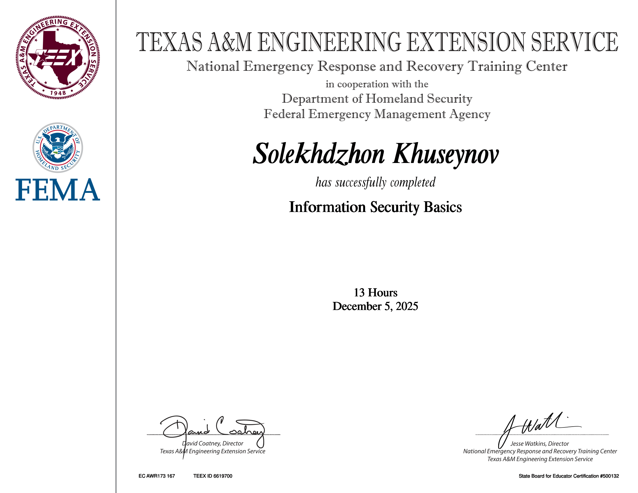 TEEX Information Security Basics certificate