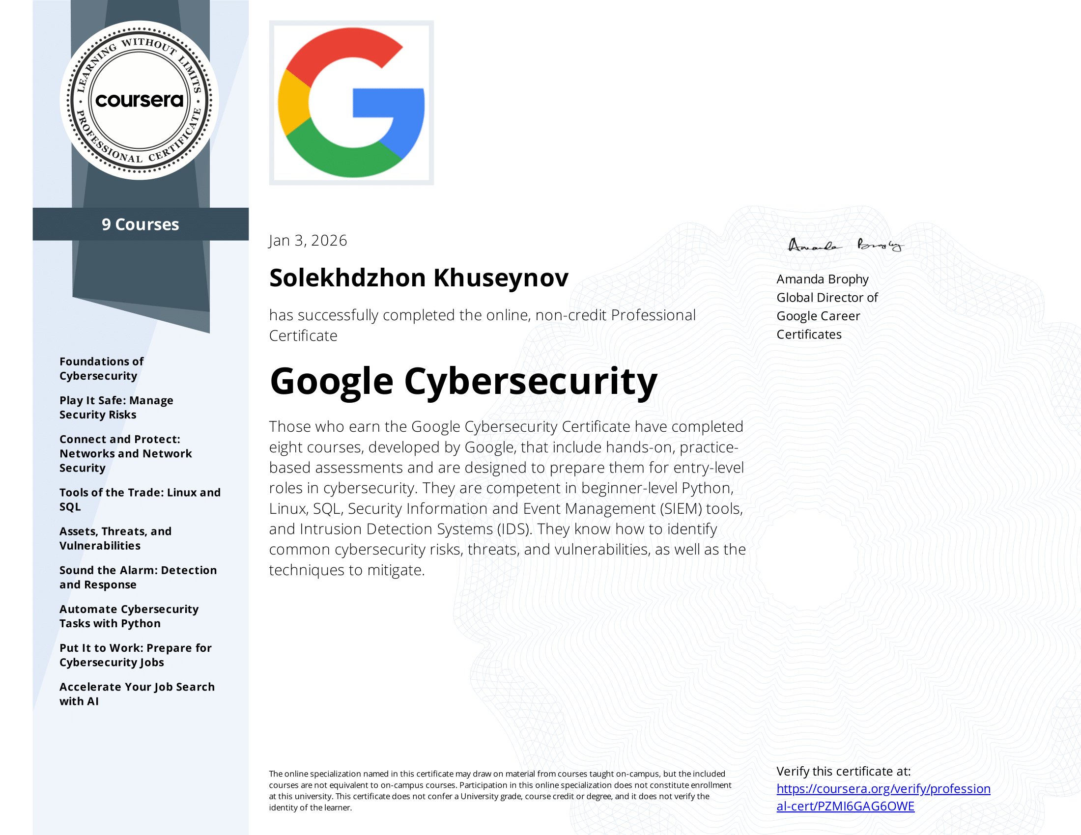 Google Cybersecurity Professional Certificate